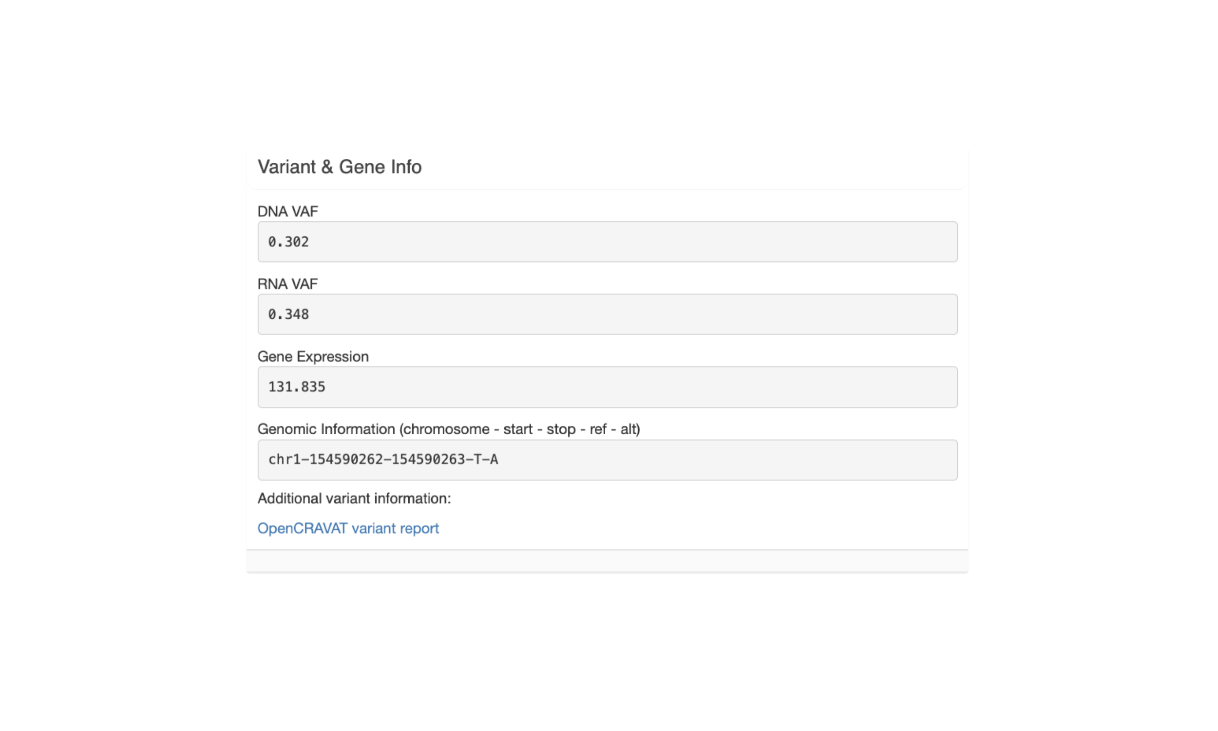 The Variant & Gene INfo section show coverage and expression information for the variant.